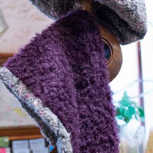 mauve and grey reversible knitted boucle scarf and hat