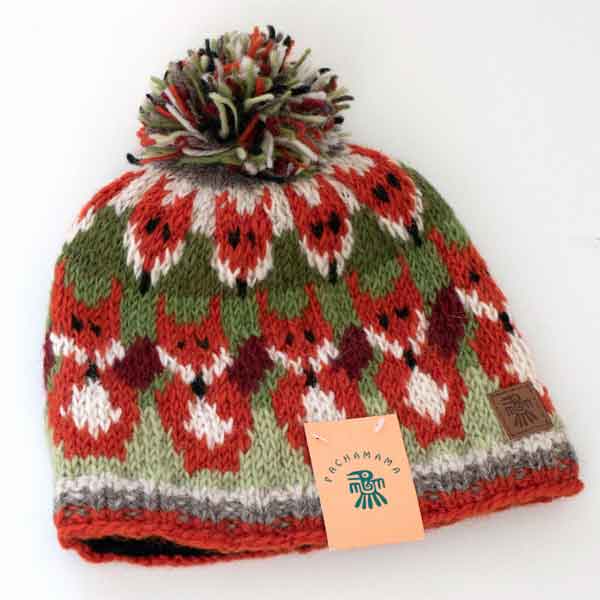 red fox pattern knitted bobble hat