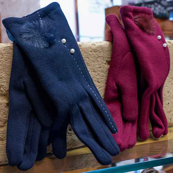 royal blue or cerise tailored gloves with pompon and pearls
