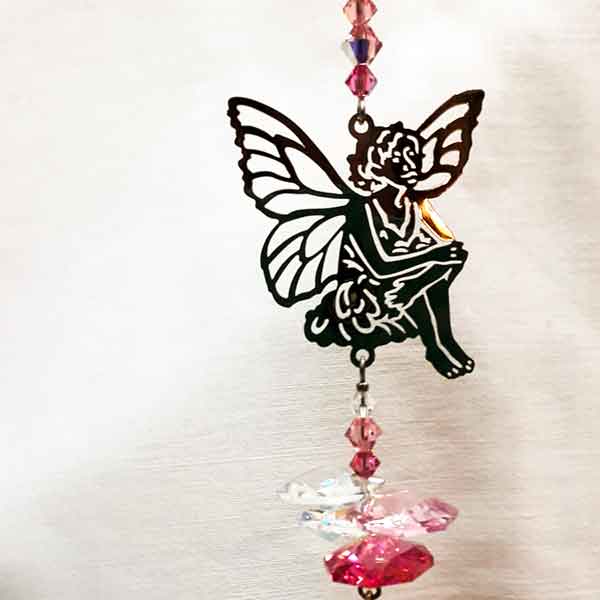 fairy silhouette hanging pink glass light catcher