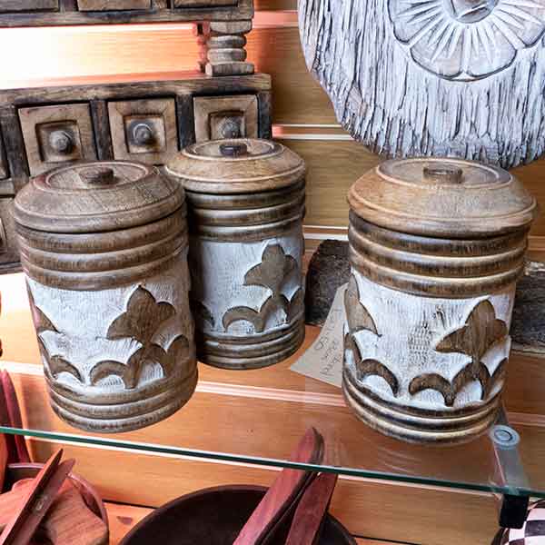 Chunky carved decorative pots with lids with repeating pattern, £27.50