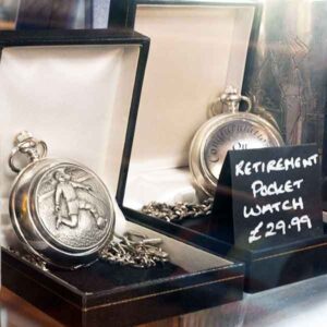 Pewter style pocket watches in presentation boxes, with sports and engraved designs £29.99
