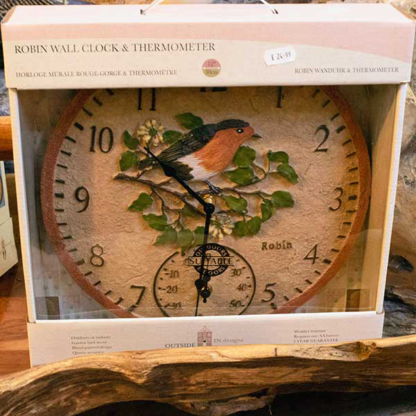 Robin wall clock with thermometer suitable for indoors or outside, £24.99